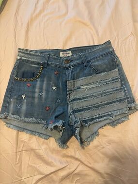 Guess Blue Denim Jean Festival Shorts with Star Embroidery and Studded Trim